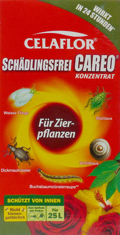 Schädlingsfrei Careo Konzentrat (250 ml) Anwendung durch nicht-berufliche Anwender zulässig
Anwendung im Haus- und Kleingartenbereich zulässig
Nicht bienengefährlich
Zulassungsnr.: 005686-00
 
 Vollsystemisches Mittel gegen beißende und saugende Schädlinge wie Blattläuse, Thripse, Weiße Flieg