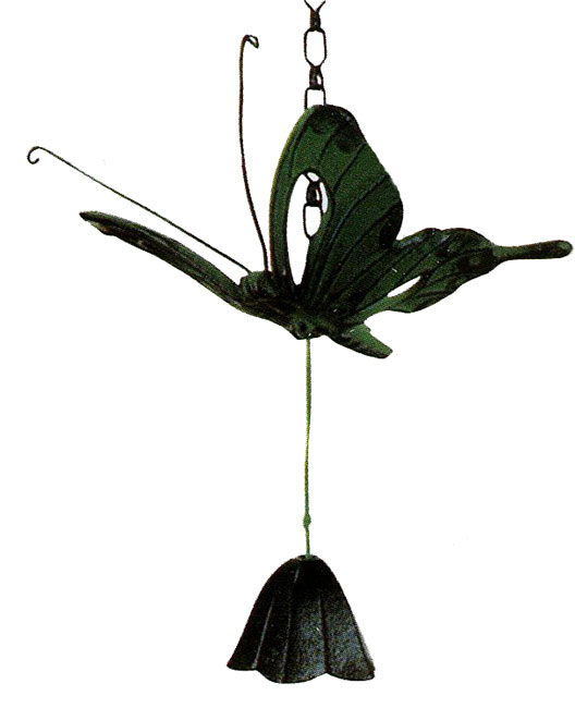 Windspiel aus grün lackiertem Gußeisen. Schmetterling, mit einem hell klingenden Glöckchen. 

Größe: ca. 12 x 13 cm

Tonbeispiel:
 MP3