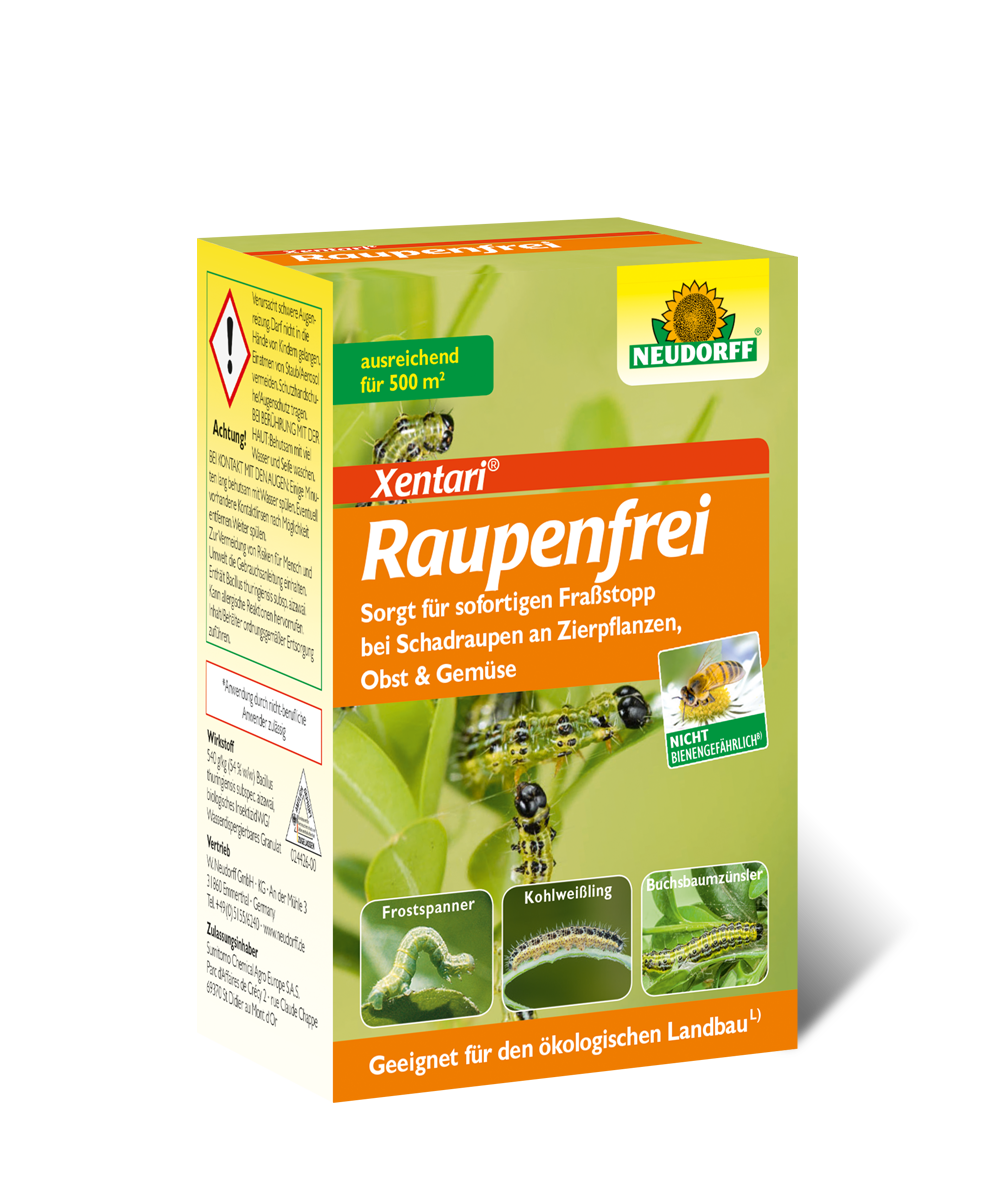 Raupenfrei Xentari (25 g) Anwendung durch nicht-berufliche Anwender zulässig
Nicht bienengefährlich
Zulassungsnr.: 024426-00
Raupenfrei ist ein rein biologisches Präparat, dessen Wirkstoff durch nützliche Mikroorganismen erzeugt wird. Biologisches Spritzmittel, dessen Wirkstof