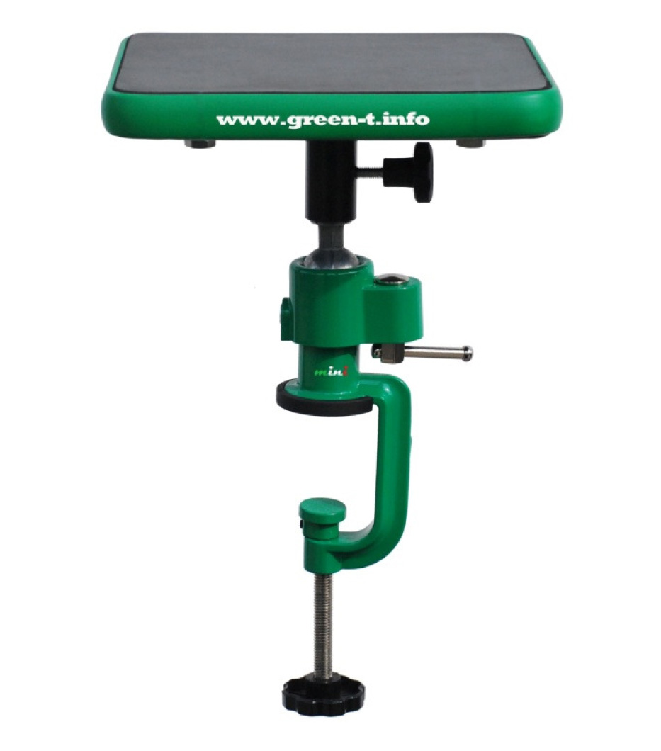 Green-T Mini mit Zwinge - ca. 20 x 20 x 32 cm An jedem Tisch einsetzbar. Dank Drehsystem mit drei Achsen stufenlos in alle Richtungen verstellbar! Ermöglicht 360 Grad Drehung auf der Horizontalen und einen Neigungswinkel von 90 Grad auf der Vertikalen.