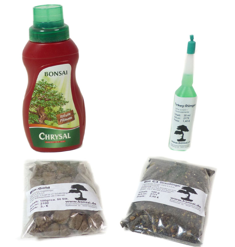 Sie erhalten im Set:

- 1 Flasche Bonsai Flüssigdünger (250 ml)
- 1 Flasche Yorkey Flüssigdünger (35 ml)
- 100 g Bio C3 Dünger 
 - 100 g Biogold