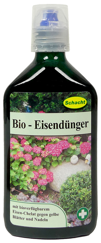 Bio-Eisendünger (350 ml) Hochwertiger, organisch-mineralischer NPK-Eisen-Chelat-Dünger ohne tierische Bestandteile. Beseitigt wirkungsvoll einen bestehenden Eisenmangel und schützt zuverlässig vor gelben Blättern und Nadeln. 
Das chelatisierte Eisen ist biologisch abbaubar und s