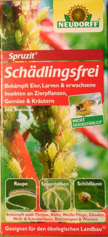 Spruzit Schädlingsfrei (50 ml) Anwendung durch nicht-berufliche Anwender zulässig
Anwendung im Haus- und Kleingartenbereich zulässig
Nicht bienengefährlich
Zulassungsnr.:  	024780-00
 
Breitwirkendes Spritzmittel gegen saugende und beißende Insekten an Zierpflanzen in Zimmern, Büror
