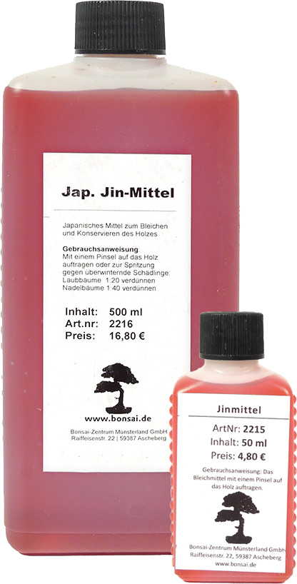 Jin-Mittel Japanisches Jinmittel für die perfekte Jin- und Shari-Gestaltung. Es bleicht die Äste Ihres Bonsai. 
 
Sie können Ihren Bonsai entweder in die Lösung eintauchen oder ihn spritzen. Falls Sie den Baum kopfüber eintauchen wollen, achten Sie darauf, dass kei