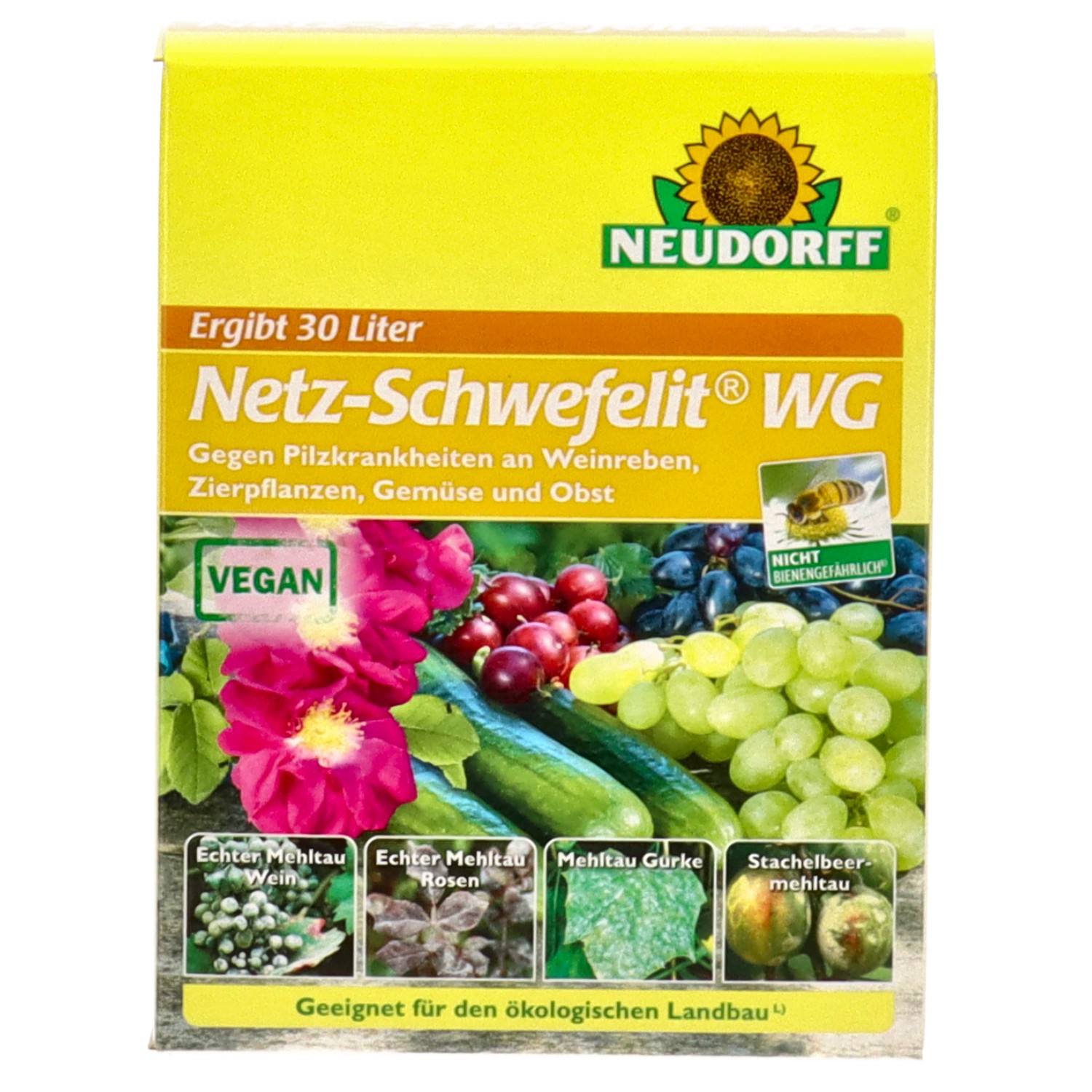 Netz-Schwefelit WG (75 g) Anwendung durch nicht-berufliche Anwender zulässig.
Nicht bienengefährlich (NB 6641). Zugelassen für den ökologischen Landbau, lt. EG-Verordnung. 
75 g Faltschachtel mit 5 x 15 g Portionsbeuteln
Zulassung.nr: 050006-60
Schwefelhaltiges Spritzpulver zu