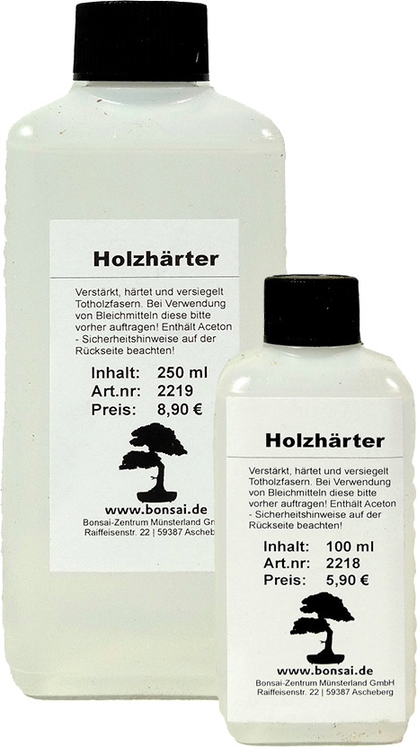 Holzhärter Der Holzhärter verstärkt, härtet und versiegelt Totholzfasern bei Bonsai, stoppt den Zerfall und schützt vor Schädlingen. Er trocknet schnell, wirkt tief ein, ist transparent und farbneutral. 
Anwendung
Der Holzhärter - Kunststoff in Aceton gelöst - wird