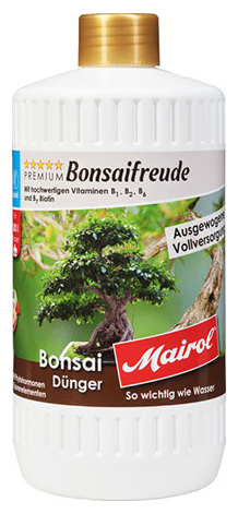 Mineralischer Flüssigdünger mit Vitaminen, Hormonen und Spurenelementen.

NPK 3 + 7 + 5

Vitamine B1, B2, B6 und B7 Biotin
 
Mairol Bonsaifreude ist mit seiner stickstoffarmen Grund­rezeptur exakt auf die besonderen Wachstumsverhältnisse dieser empfindlic